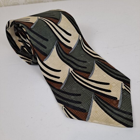 Ziggurat by Mulberry Neckwear Men's Tie Cream, Green, Brown, Black 100% Silk - Picture 1 of 7